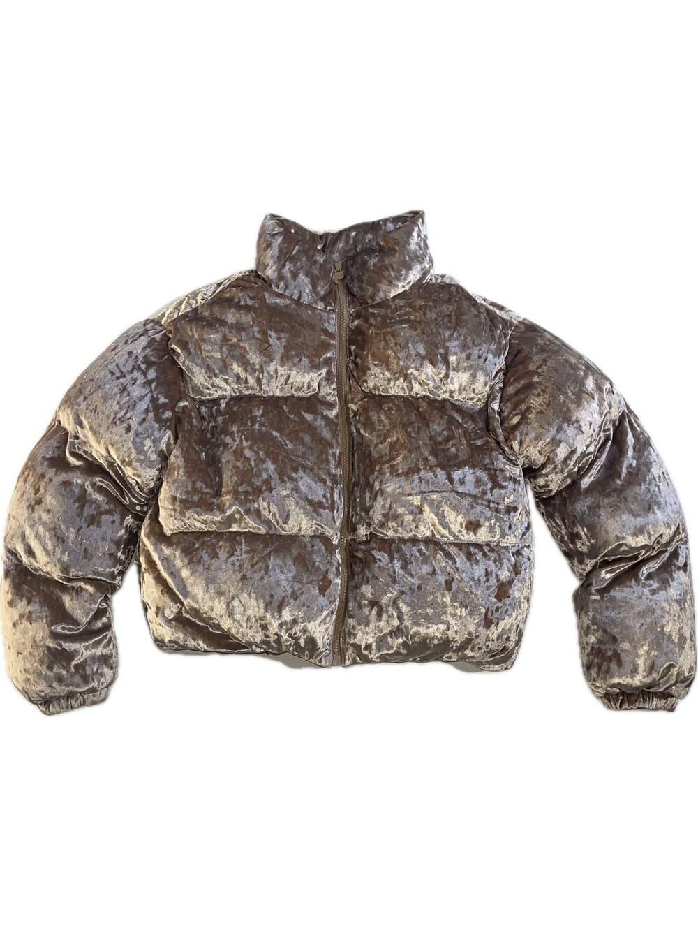 Fabletics XS Crush Velvet Puffer Jacket Brown Cropped Zip Mock Neck Womens Coat